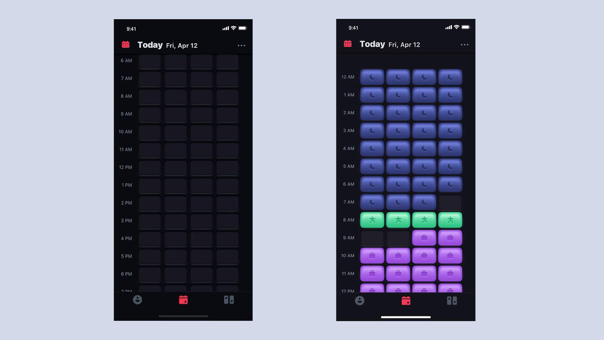 Two 96 Blocks calendar screens showing empty and scheduled time blocks