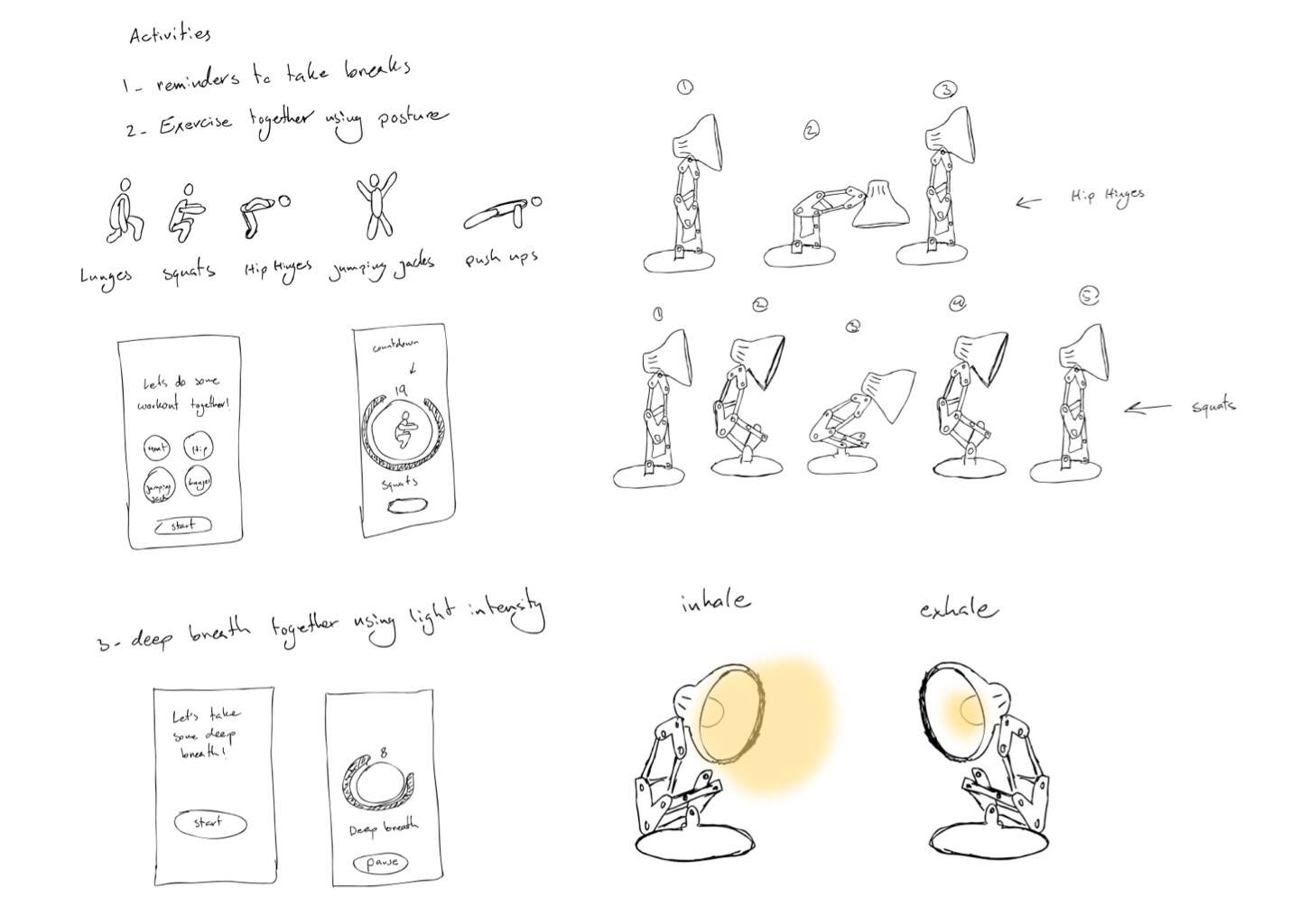 Gloei concept sketches showing exercise movements, breathing cues, and companion app screens