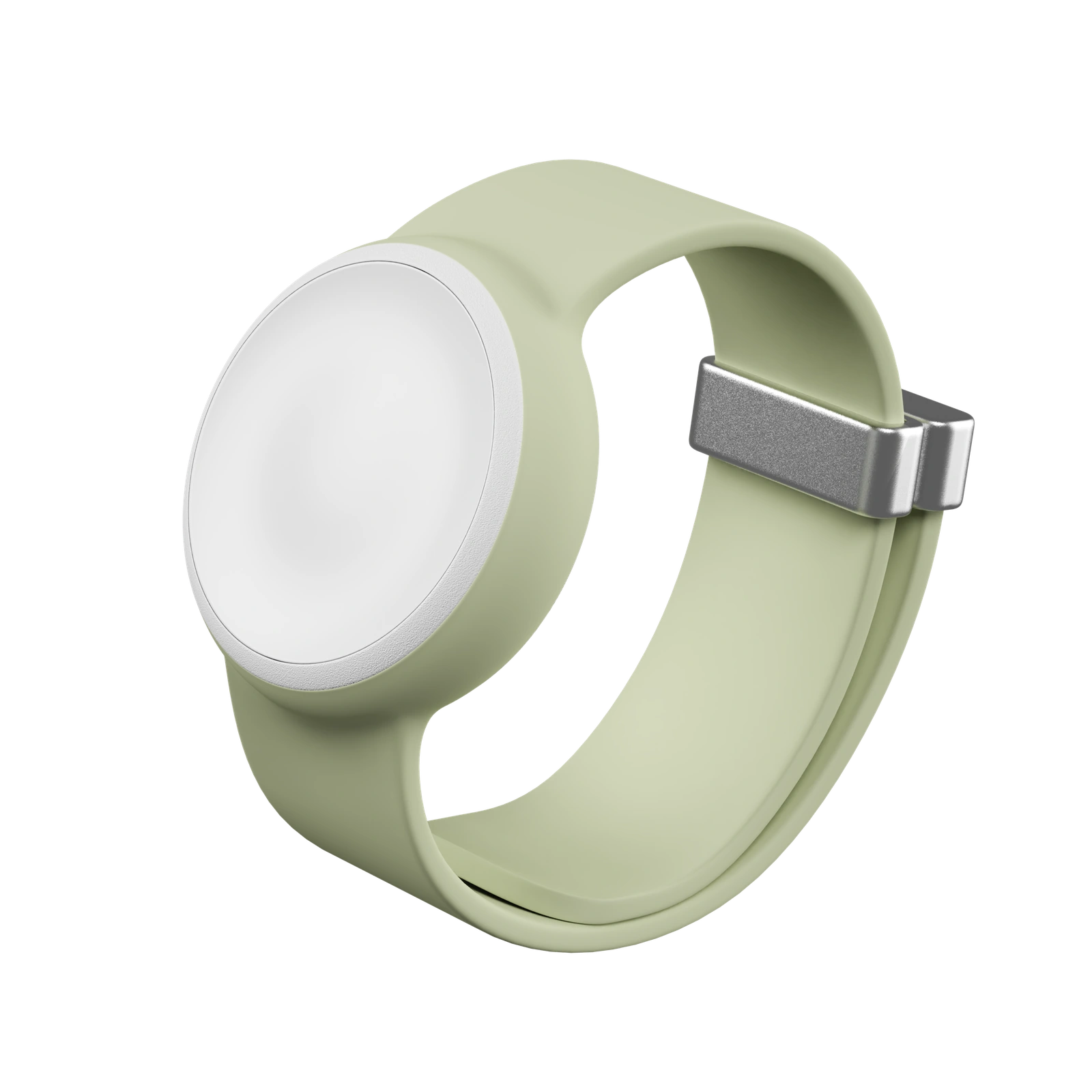Pale green wristband with a circular help button and a metal clasp