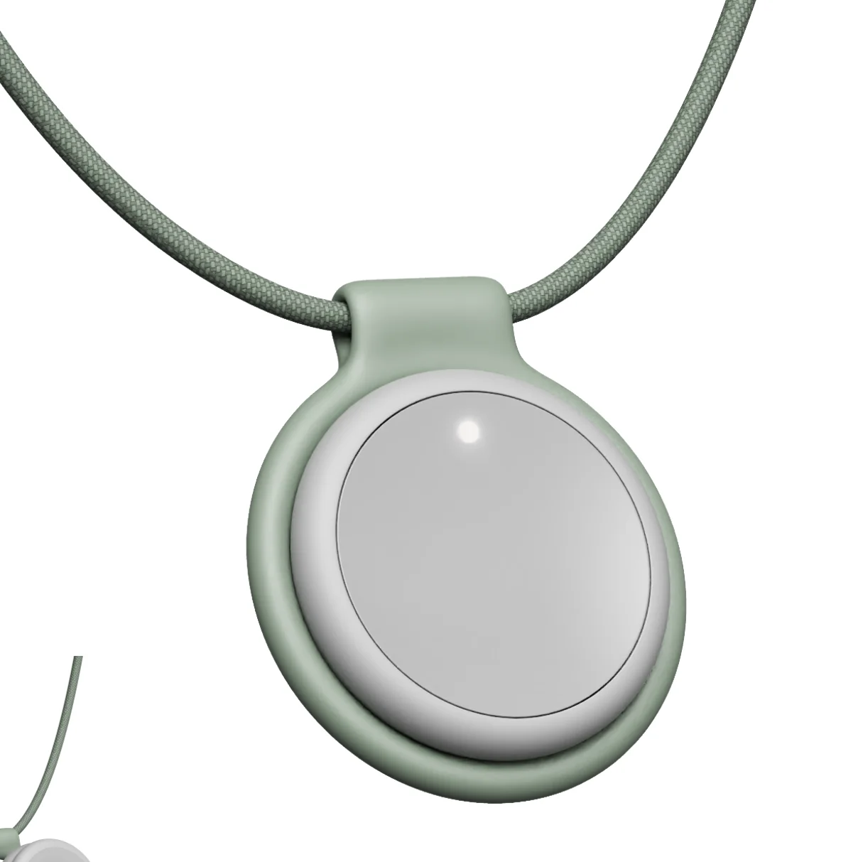 A circular help button in a green pendant with a woven lanyard
