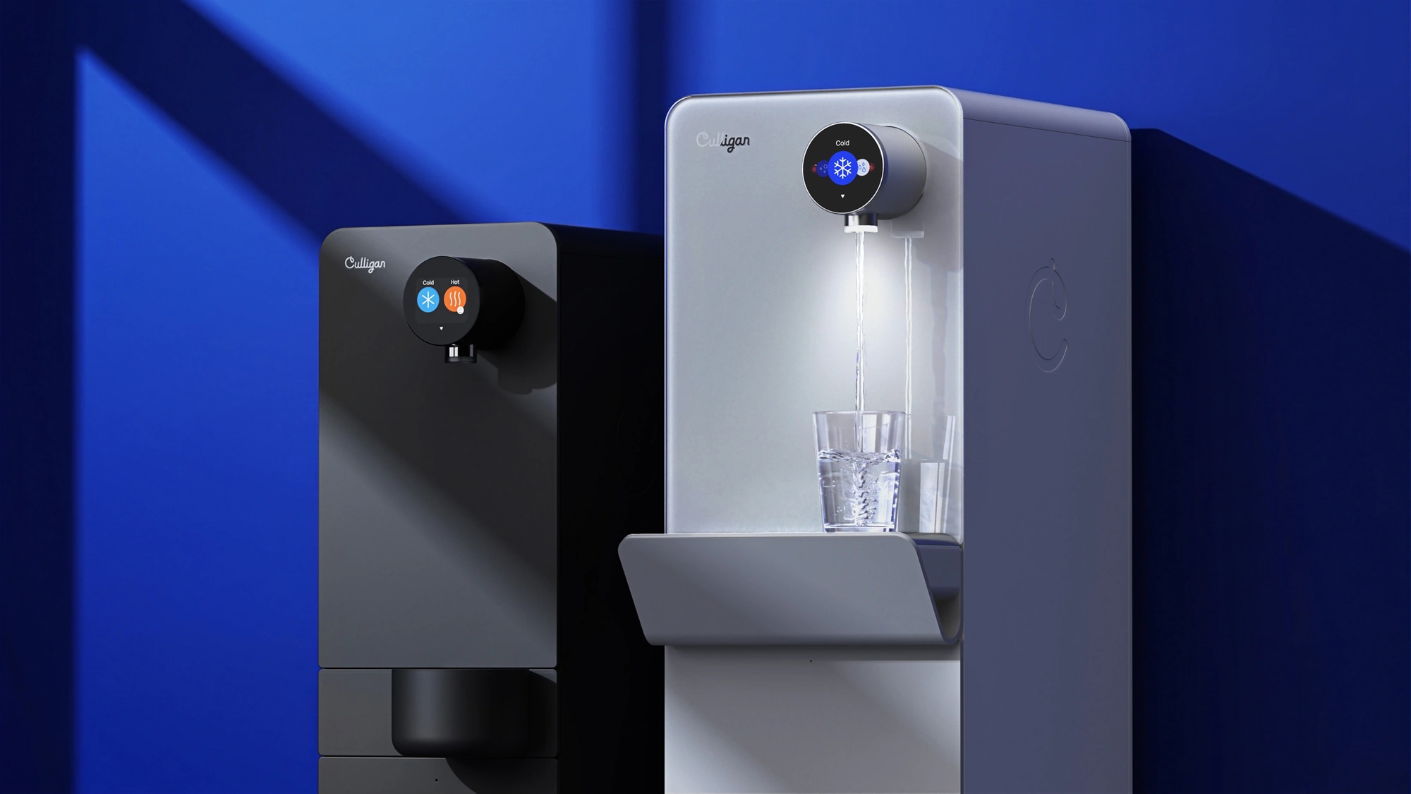 Two Culligan Purity dispensers with circular touchscreen controls, one filling a glass