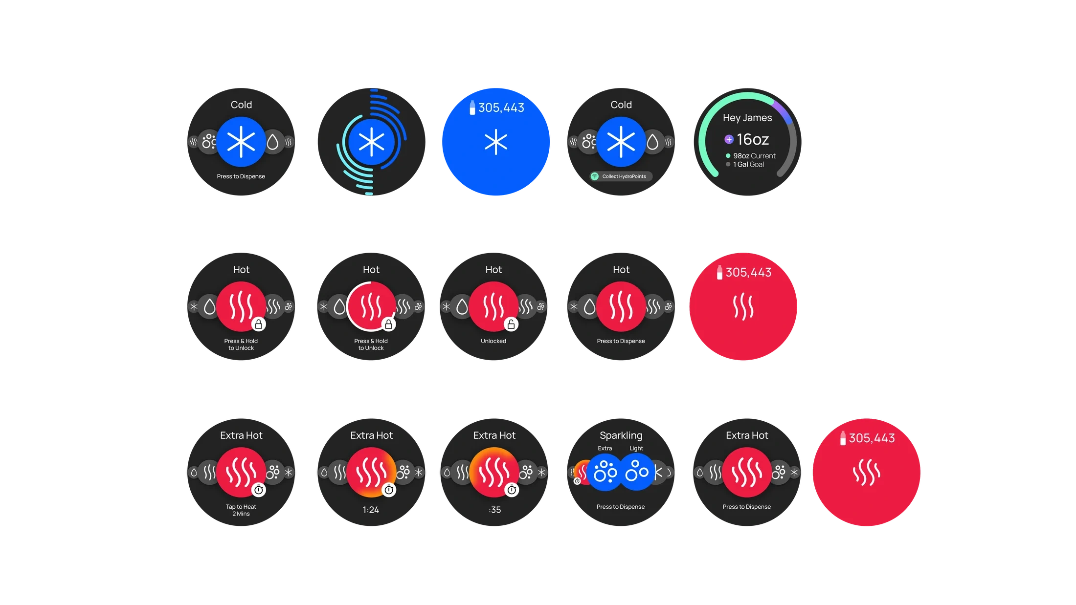 Circular screen studies showing water choices, hot-water unlocking, heating countdowns, and dispensing feedback