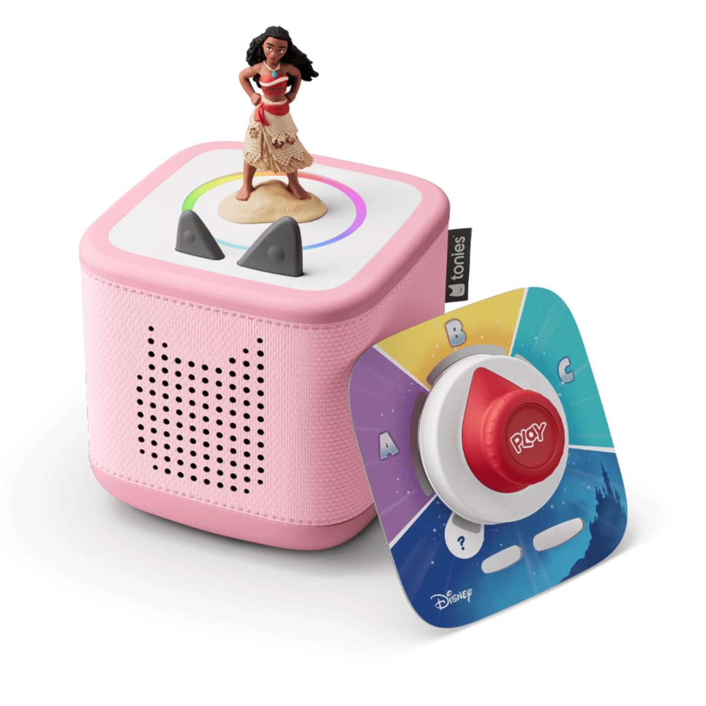 Pink Toniebox with a Moana figure and Disney Tonieplay disc