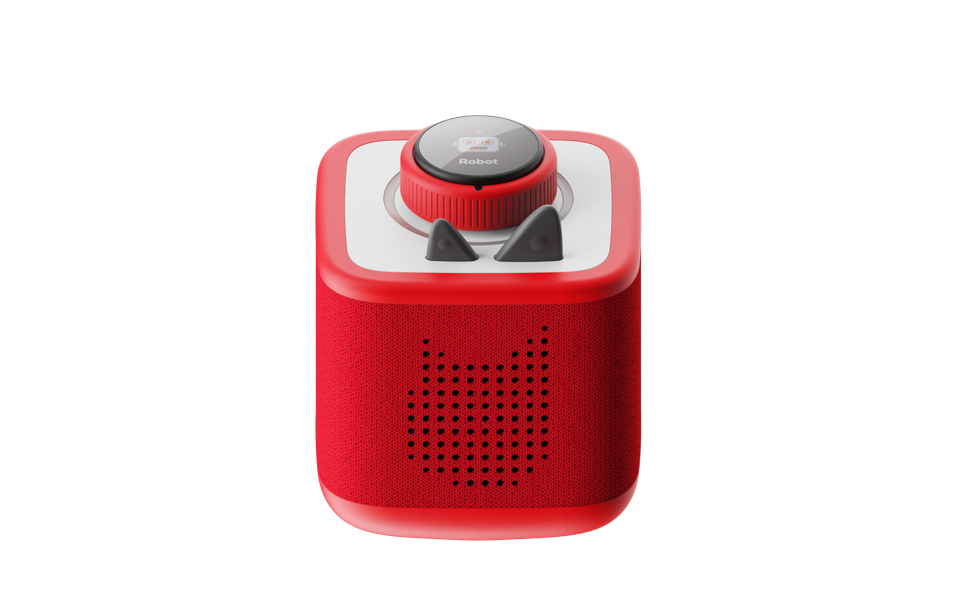 Red display puck mounted on a red Toniebox, showing a robot character