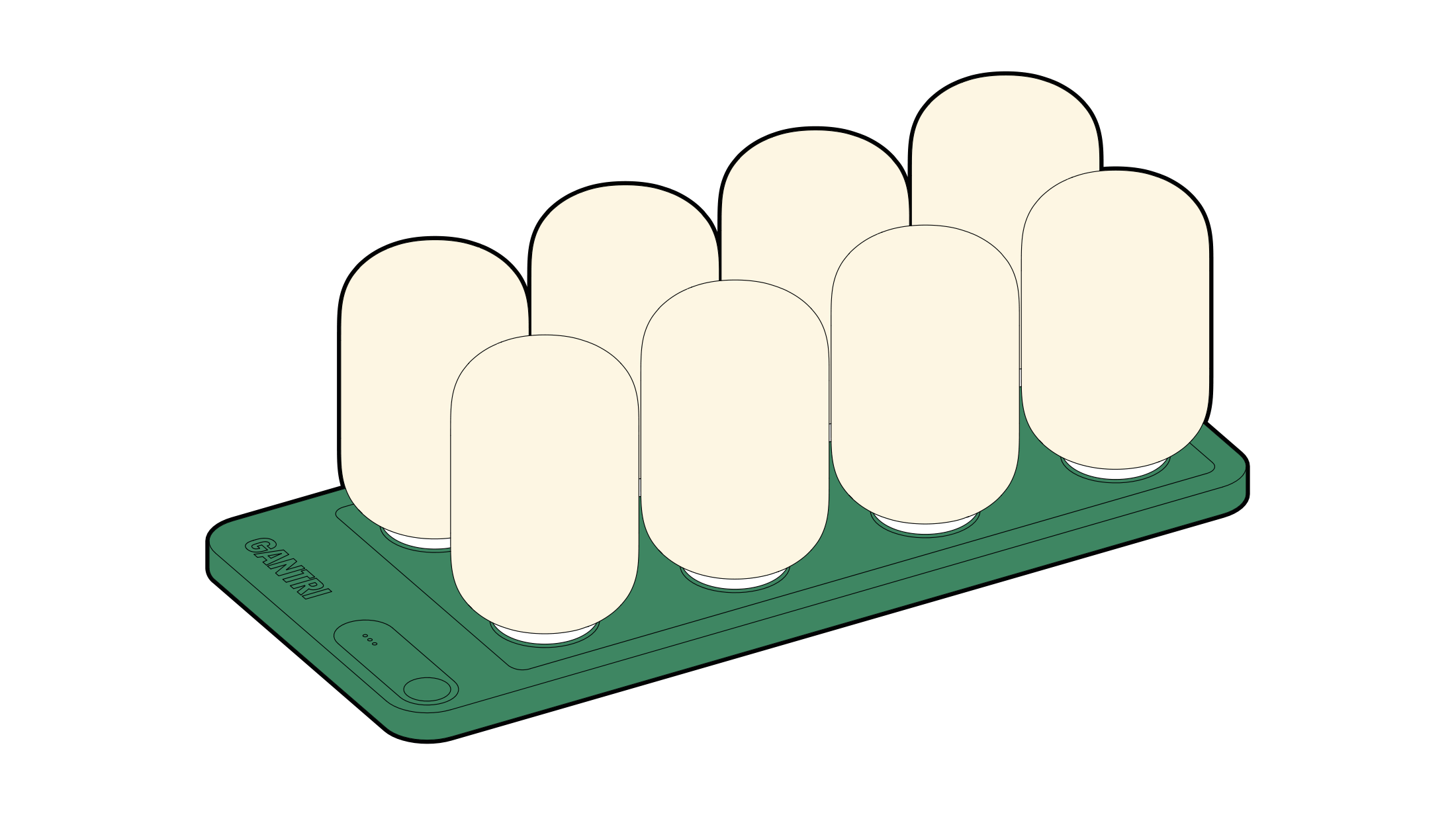 Concept drawing of eight portable lights together on a shared charging base