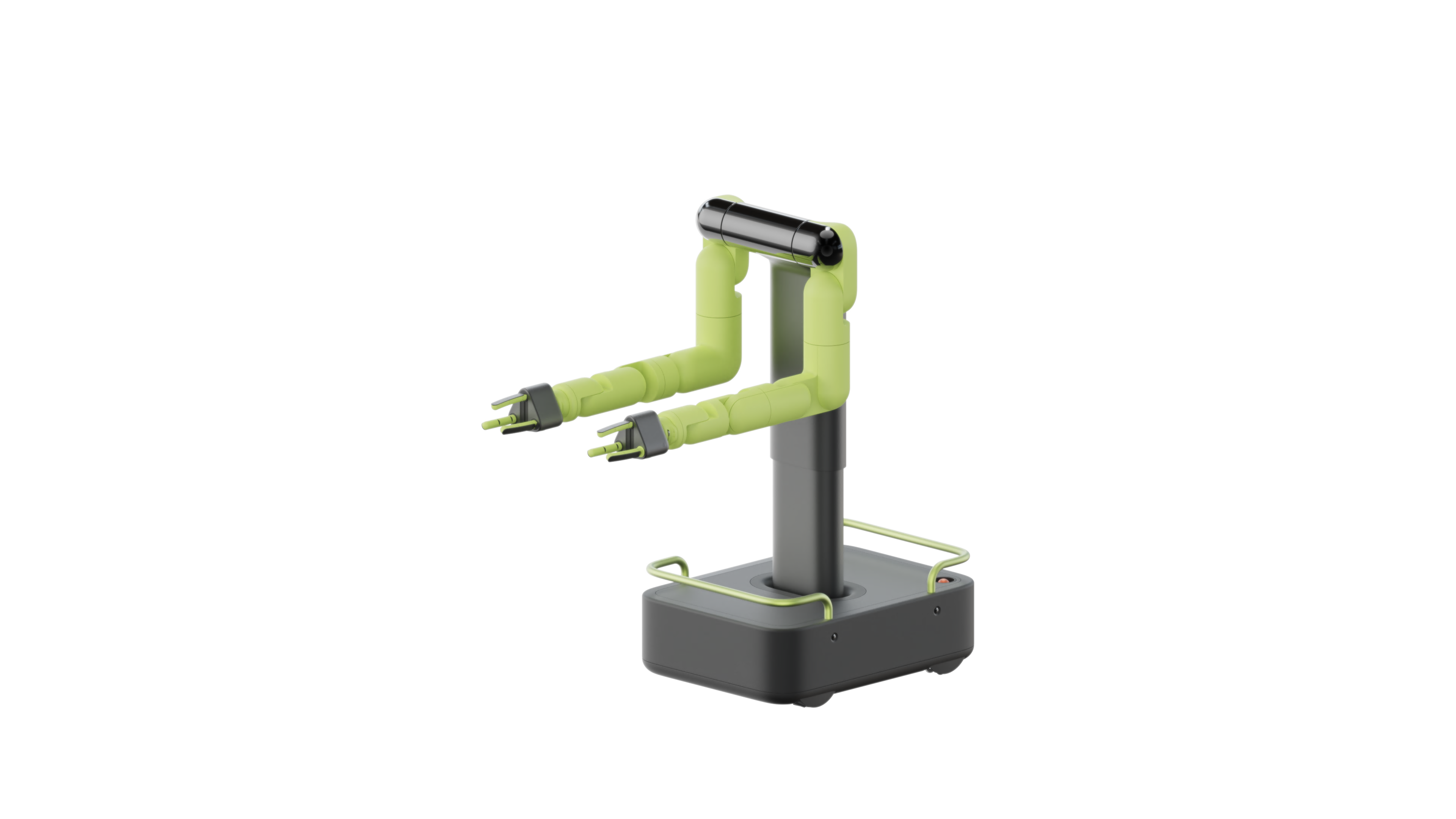 Workplace robot concept with lime-green arms extended above a dark wheeled base