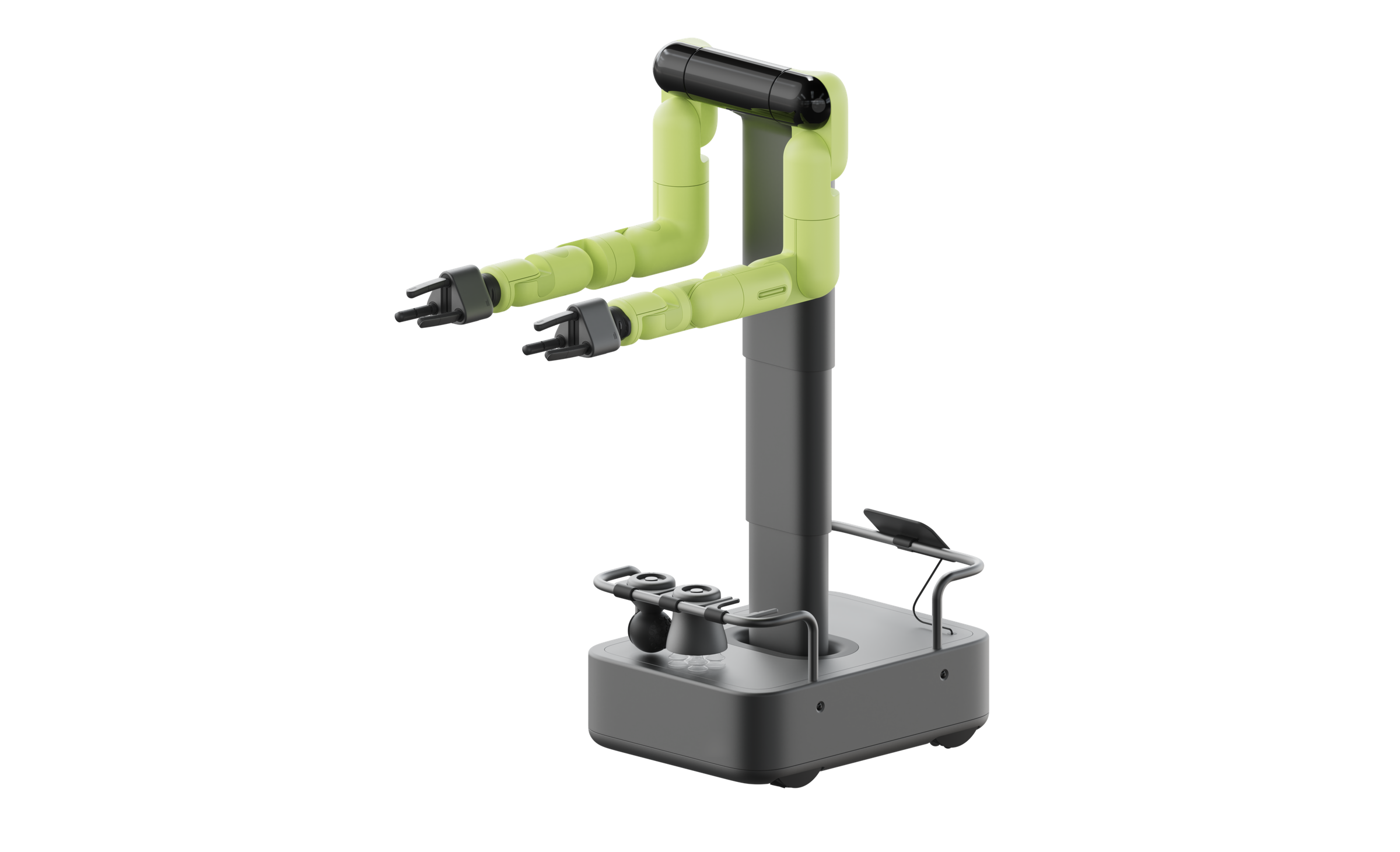 Workplace robot concept with lime-green arms and a dark wheeled base